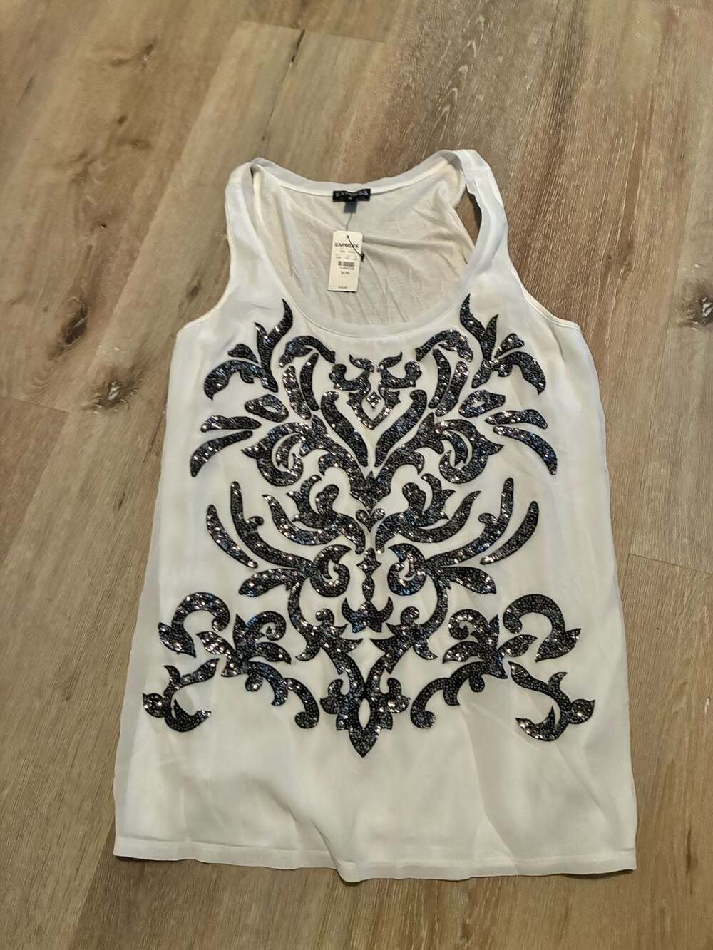 Express White Tank Top with Black Sequin Damask Applique